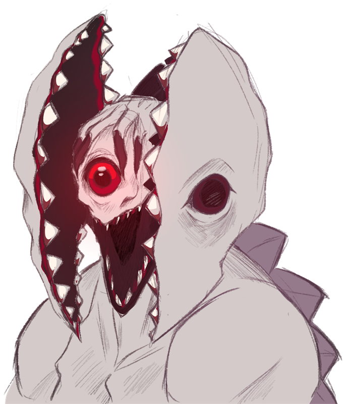 The Changeling: a pale, hooded creature whose head splits into a tooth-lined maw, with a small red-eyed face screaming from inside it