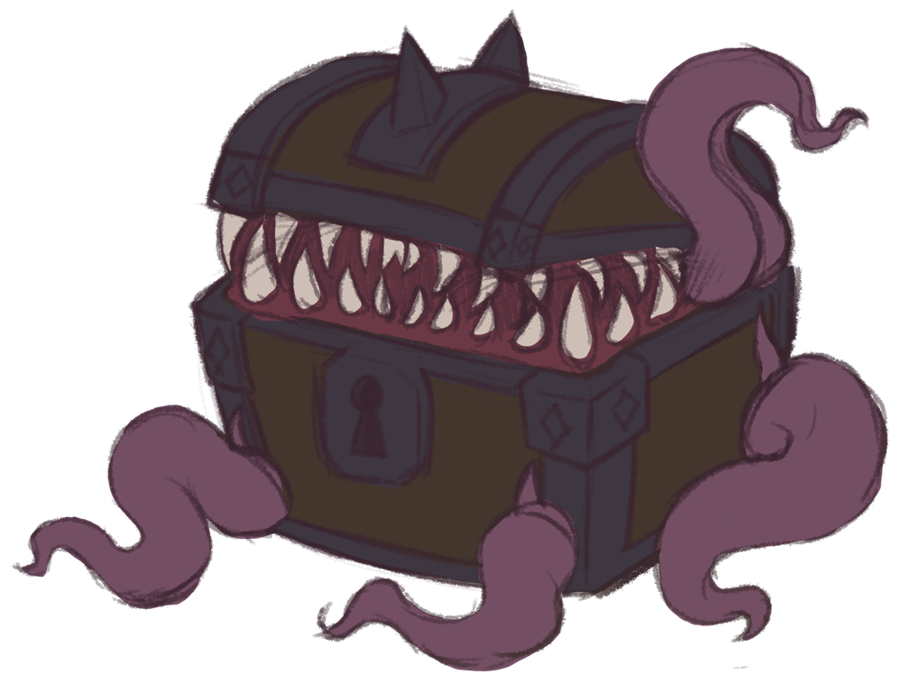 The Mimic: a wooden treasure chest with a mouth full of fangs where the lid should open, and purple tentacles spilling out from underneath