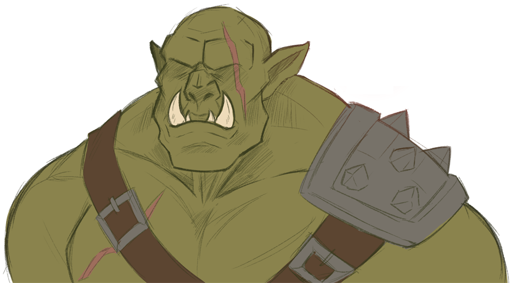 The Blind Orc: a hulking green orc with its eyes shut, a scar across one brow, tusks, and a spiked iron pauldron