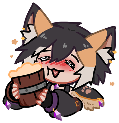 Pebble emote: flushed and grinning, hugging a frothy tankard