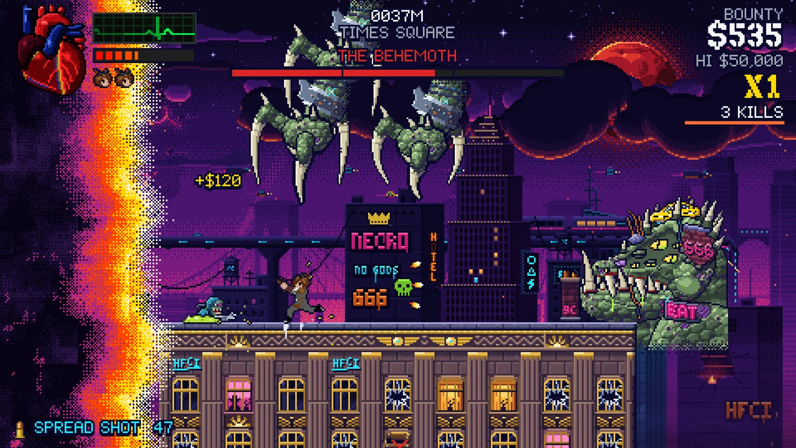 NecroApocalypse: the merc leaps across a Times Square rooftop as The Behemoth reaches down from above