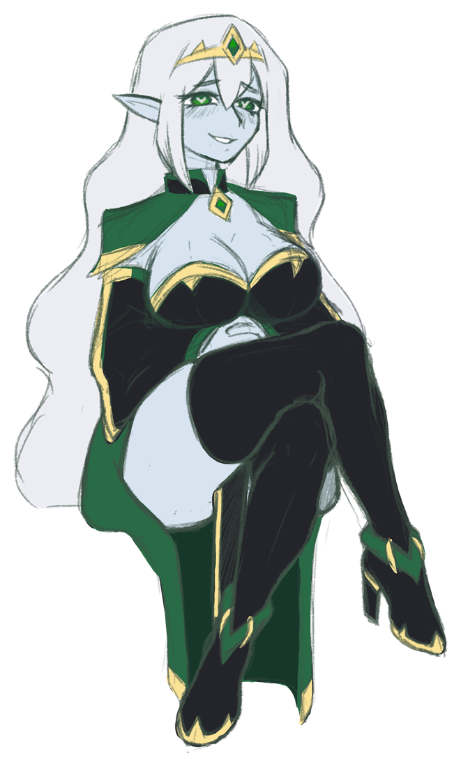 Queen Esteria seated with her legs crossed: white hair, a gold circlet with a green gem, and a green and black gown