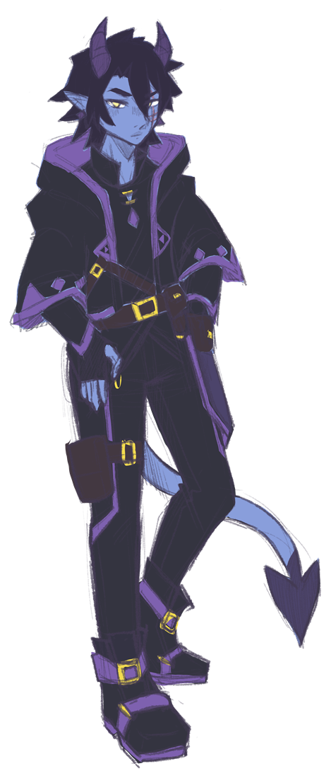 Merrick standing with his hands in his pockets: blue skin, small horns, a black coat lined in purple, and a spade-tipped tail