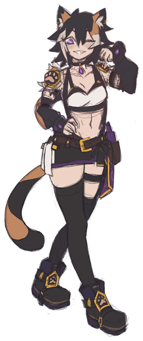 Pebble standing with a hand on her hip, winking: calico ears and tail, a paw-print pauldron, and heavy boots