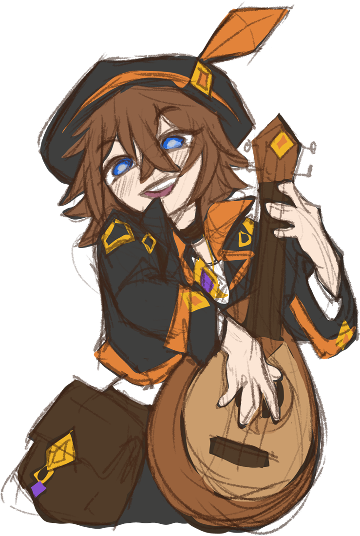 Rye grinning mid-song: a black hat with an orange feather, an orange-trimmed coat, and a lute in his hands
